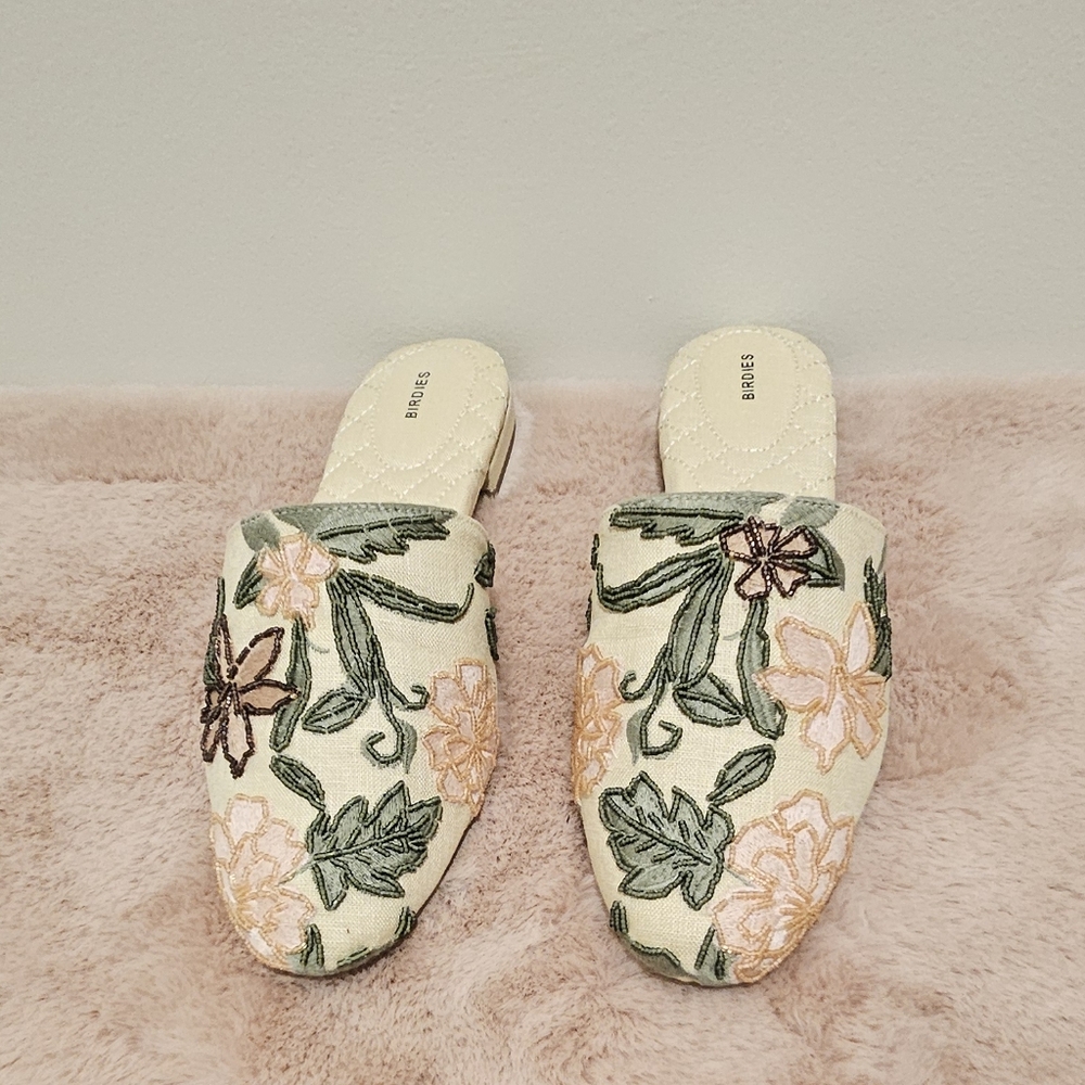 Birdies Cream and Green Mules with Botanical Design